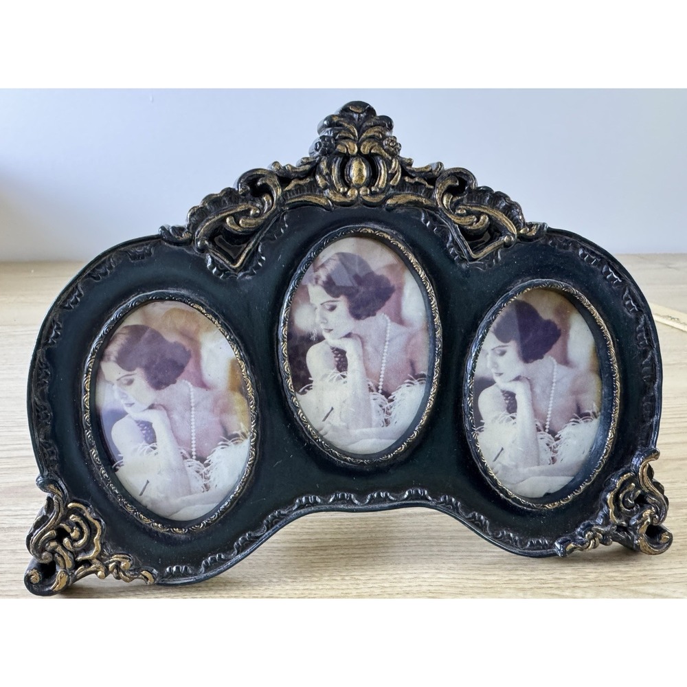 Vintage Triple Oval Picture Frame Ornate Black Gold Baroque Victorian Regency